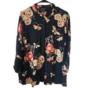 Citron Santa Monica Womens Asian Theme Floral Silk Blouse Plus Size 1x Black